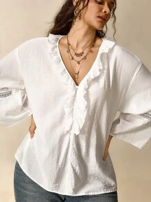 Nubod Elegant Romantic Boho Casual Plus Size Women's Solid Color Blouse With Frill Trim, Pearl Buttons And Lace Edging Brunch Party All White Autumn Fall - White - View 4
