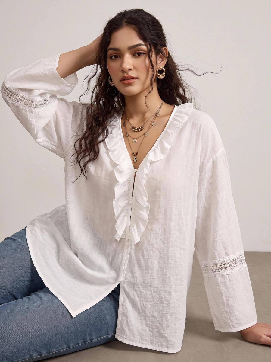 Nubod Elegant Romantic Boho Casual Plus Size Women's Solid Color Blouse ...