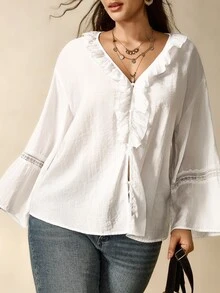 Nubod Elegant Romantic Boho Casual Plus Size Women's Solid Color Blouse With Frill Trim, Pearl Buttons And Lace Edging Brunch Party All White Autumn Fall - White - View 6