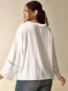 Nubod Elegant Romantic Boho Casual Plus Size Women's Solid Color Blouse With Frill Trim, Pearl Buttons And Lace Edging Brunch Party All White Autumn Fall - White - View 2