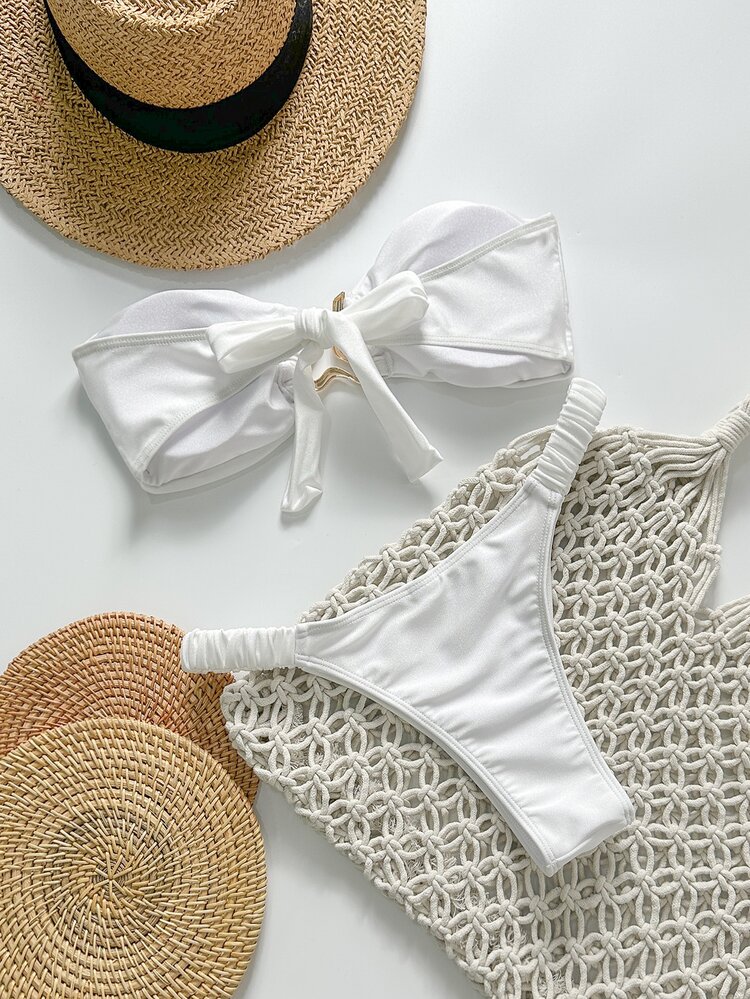 SHEIN Swim Springbreak Women's Plain Strapless Metal Decor Tie-Up 2 Pieces Bikini Swimwear Set, Summer Beachwear - White - View 2