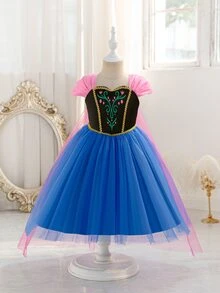 SHEIN Glamorique Kids 女孩公主洋裝，藍色薄紗洋裝，藍色公主禮服，印花，派對穿著，洋紅色薄紗披肩，生日派對，舞會禮服，奢華洋裝，四季皆宜，聖誕年輕女孩，新年洋裝 - 寶藍色 - 查看 4
