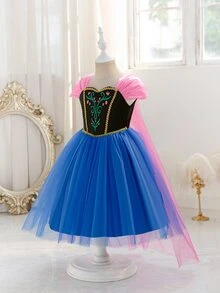 SHEIN Glamorique Kids 女孩公主洋裝，藍色薄紗洋裝，藍色公主禮服，印花，派對穿著，洋紅色薄紗披肩，生日派對，舞會禮服，奢華洋裝，四季皆宜，聖誕年輕女孩，新年洋裝 - 寶藍色 - 查看 3