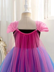 SHEIN Glamorique Kids 女孩公主洋裝，藍色薄紗洋裝，藍色公主禮服，印花，派對穿著，洋紅色薄紗披肩，生日派對，舞會禮服，奢華洋裝，四季皆宜，聖誕年輕女孩，新年洋裝 - 寶藍色 - 查看 6
