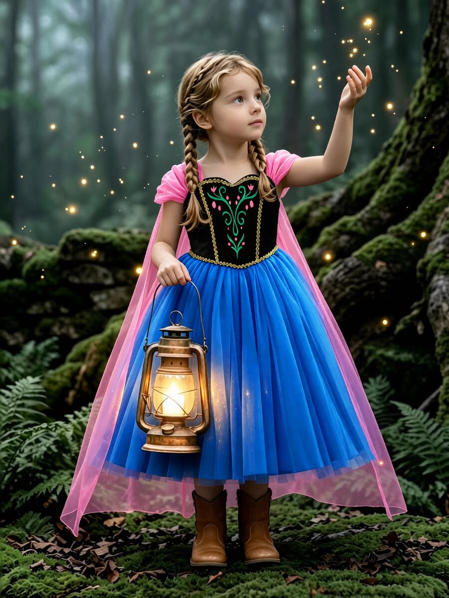 SHEIN Glamorique Kids 女孩公主洋裝,藍色薄紗洋裝,藍色公主禮服,印花,派對穿著,洋紅色薄紗披肩,生日派對,舞會禮服,奢華洋裝,四季皆宜,聖誕年輕女孩,新年洋裝 - 寶藍色 - 查看 1