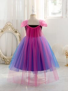 SHEIN Glamorique Kids 女孩公主洋裝，藍色薄紗洋裝，藍色公主禮服，印花，派對穿著，洋紅色薄紗披肩，生日派對，舞會禮服，奢華洋裝，四季皆宜，聖誕年輕女孩，新年洋裝 - 寶藍色 - 查看 2