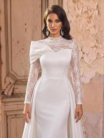 Aureia Elegant Formal White Satin Lace Applique Sheer High Neck Draped Long Sleeve A Line Train Wedding Guest Wedding Party Prom Autumn Bridal Wedding Dress