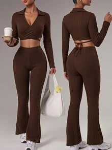 Nuvra Women's Brown Wide Ribbed Brushed Cross-Over Sports Set, Long Sleeve Top And Pants 2 Pieces Set, Autumn/Winter - Brown - View 1