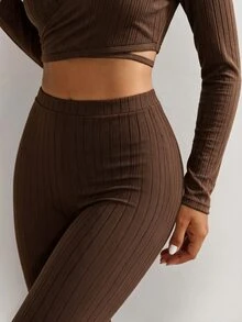 Nuvra Women's Brown Wide Ribbed Brushed Cross-Over Sports Set, Long Sleeve Top And Pants 2 Pieces Set, Autumn/Winter - Brown - View 3
