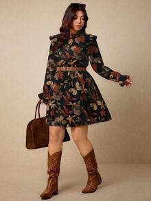 Melodosi Casual Vintage Romantic Floral Print Plus Size Long Sleeve Dress, Suitable For Autumn/Winter, Party, Date - Multicolor - View 1
