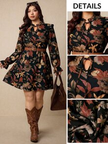 Melodosi Casual Vintage Romantic Floral Print Plus Size Long Sleeve Dress, Suitable For Autumn/Winter, Party, Date - Multicolor - View 5