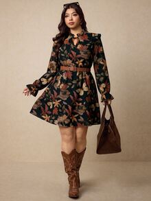 Melodosi Casual Vintage Romantic Floral Print Plus Size Long Sleeve Dress, Suitable For Autumn/Winter, Party, Date - Multicolor - View 3