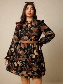 Melodosi Casual Vintage Romantic Floral Print Plus Size Long Sleeve Dress, Suitable For Autumn/Winter, Party, Date - Multicolor - View 4
