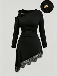 GlowEve CURVE Plus Size Asymmetric Neck Metal Buckle Solid Color Lace Patchwork Bodycon Slimming Elegant Dress For Women - Black - View 3