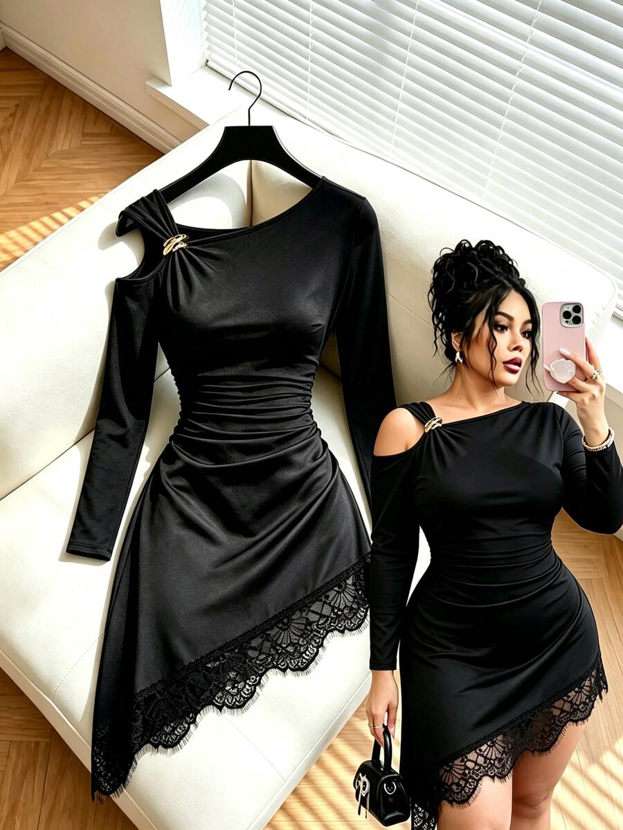 GlowEve CURVE Plus Size Asymmetric Neck Metal Buckle Solid Color Lace Patchwork Bodycon Slimming Elegant Dress For Women - Black - View 1