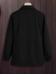 SHEIN LUNE 大尺碼休閒膠囊系列街頭風秋季長袖翻領金屬拉鍊口袋夾克，度假外出度假用，黑色 - 黑色 - 查看 2