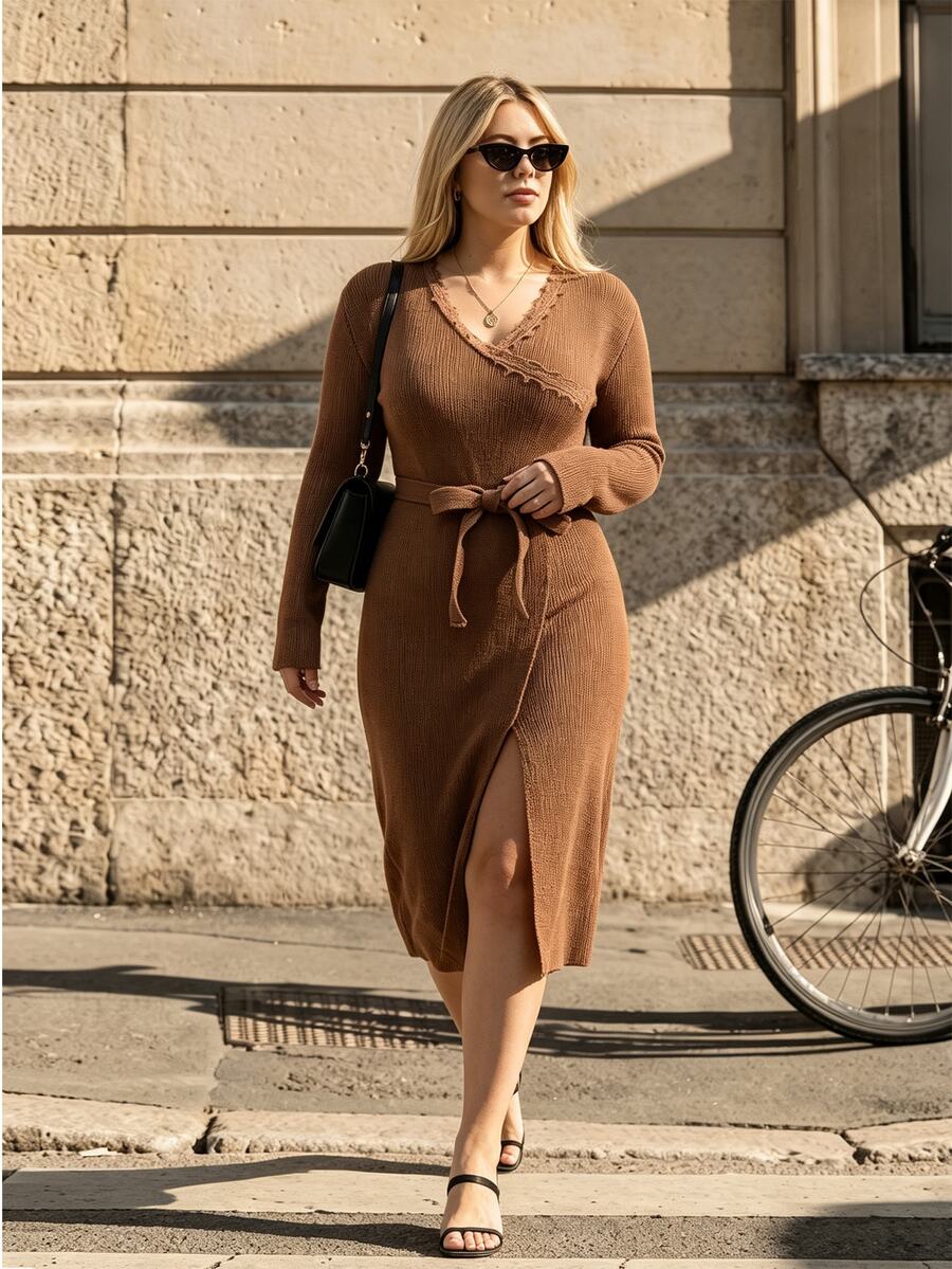 Velvienne Plus Size Vintage Caramel Wrap Dress With Lace Trim V-Neck Winter - Brown - View 1