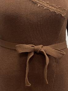 Velvienne Plus Size Vintage Caramel Wrap Dress With Lace Trim V-Neck Winter - Brown - View 8