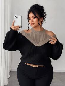 SHEIN Elenzya Women Plus Size Fall Winter Black Taupe Contrast Ribbed Knit Sweater, Mock Neck Cutout Cold Shoulder 2 In 1 Oversized Long Sleeve Pullover - Khaki - View 1