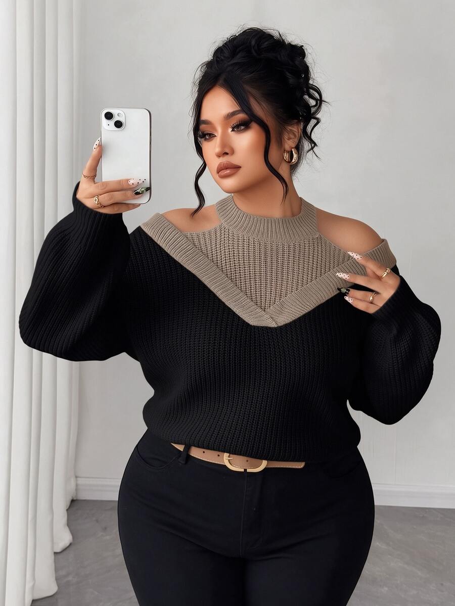 SHEIN Elenzya Women Plus Size Fall Winter Black Taupe Contrast Ribbed Knit Sweater, Mock Neck Cutout Cold Shoulder 2 In 1 Oversized Long Sleeve Pullover - Khaki - View 1