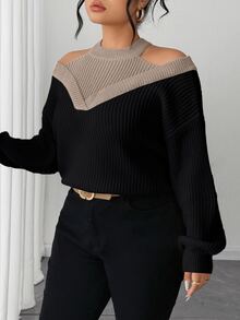 SHEIN Elenzya Women Plus Size Fall Winter Black Taupe Contrast Ribbed Knit Sweater, Mock Neck Cutout Cold Shoulder 2 In 1 Oversized Long Sleeve Pullover - Khaki - View 4
