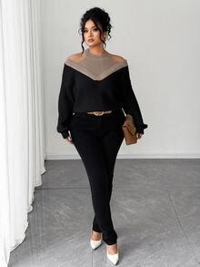 SHEIN Elenzya Women Plus Size Fall Winter Black Taupe Contrast Ribbed Knit Sweater, Mock Neck Cutout Cold Shoulder 2 In 1 Oversized Long Sleeve Pullover - Khaki - View 5