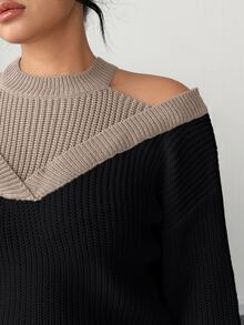 SHEIN Elenzya Women Plus Size Fall Winter Black Taupe Contrast Ribbed Knit Sweater, Mock Neck Cutout Cold Shoulder 2 In 1 Oversized Long Sleeve Pullover - Khaki - View 6
