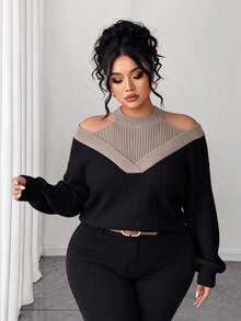 SHEIN Elenzya Women Plus Size Fall Winter Black Taupe Contrast Ribbed Knit Sweater, Mock Neck Cutout Cold Shoulder 2 In 1 Oversized Long Sleeve Pullover - Khaki - View 3