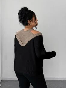 SHEIN Elenzya Women Plus Size Fall Winter Black Taupe Contrast Ribbed Knit Sweater, Mock Neck Cutout Cold Shoulder 2 In 1 Oversized Long Sleeve Pullover - Khaki - View 2