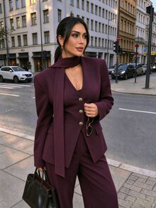 SHEIN LUNE CURVE Versatile Elegant Commute High-End Professional Suit Set With Metal Buttons, V-Neck Long Sleeve Jacket And Long Pants - Coffee Brown - View 5