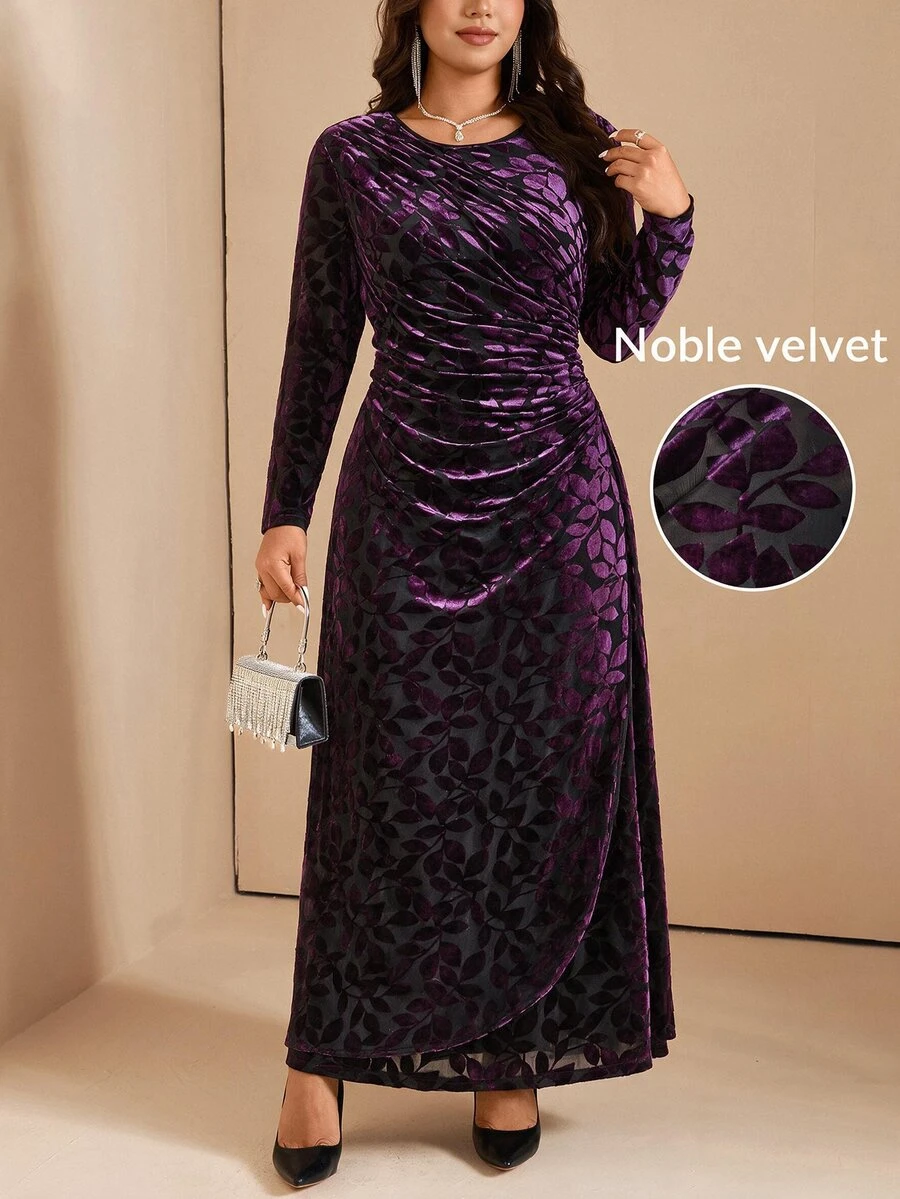 Comfylo Plus Size Women's Round Neck Long Sleeve Pleated Velvet Elegant Dress Fall - Purple - View 1