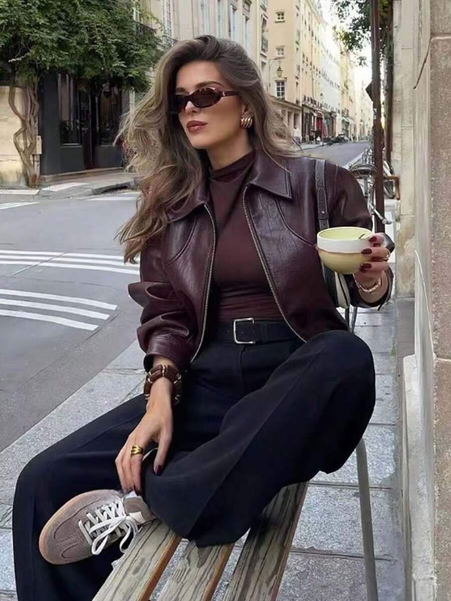 Firerie Women's Solid Color Lapel Zip-Front Fashion Casual Streetwear French Versatile Padded Coat Going Out Everyday Burgundy Winter Going Out