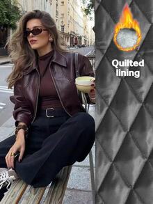 Firerie Women's Solid Color Lapel Zip-Front Fashion Casual Streetwear French Versatile Padded Coat Going Out Everyday Burgundy Winter Going Out - Burgundy - View 3