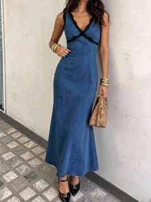 Firerie 女款秋季優雅法式復古蕾絲飾邊無袖牛仔洋裝 教師穿搭 早午餐度假風 藍色格紋 - 深色水洗藍 - 查看 4