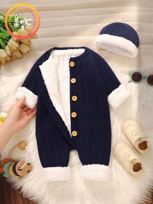 SHEIN Vintaside Kids 嬰兒新生兒長袖前開扣羅紋海軍藍與白色抓絨內裡連身衣 - 藏蓝色 - 查看 9