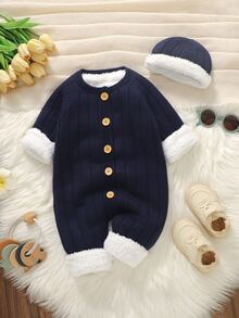 SHEIN Vintaside Kids 嬰兒新生兒長袖前開扣羅紋海軍藍與白色抓絨內裡連身衣 - 藏蓝色 - 查看 7