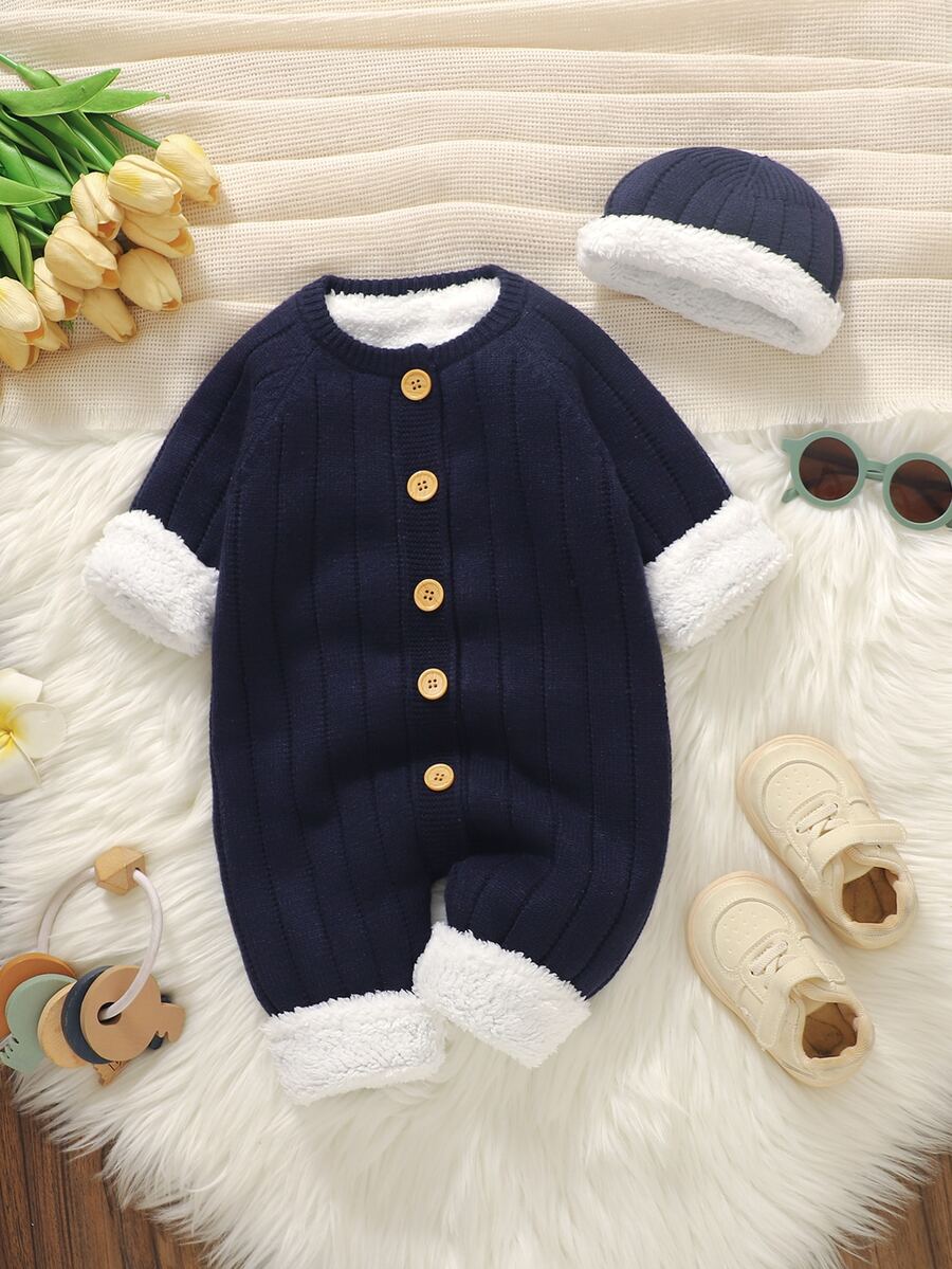 SHEIN Baju Terusan Bayi Baru Lahir Lengan Panjang Kancing Depan Bergaris Biru Tua dan Putih Berlapisan Bulu Domba untuk Musim Dingin - Navy Blue - View 1