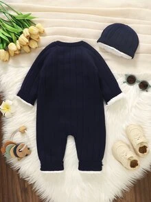 SHEIN Vintaside Kids 嬰兒新生兒長袖前開扣羅紋海軍藍與白色抓絨內裡連身衣 - 藏蓝色 - 查看 2
