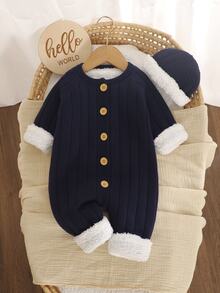SHEIN Vintaside Kids 嬰兒新生兒長袖前開扣羅紋海軍藍與白色抓絨內裡連身衣 - 藏蓝色 - 查看 5
