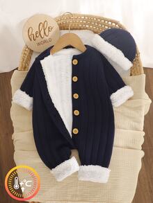 SHEIN Vintaside Kids 嬰兒新生兒長袖前開扣羅紋海軍藍與白色抓絨內裡連身衣 - 藏蓝色 - 查看 4