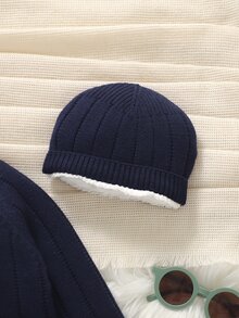 SHEIN Vintaside Kids 嬰兒新生兒長袖前開扣羅紋海軍藍與白色抓絨內裡連身衣 - 藏蓝色 - 查看 6