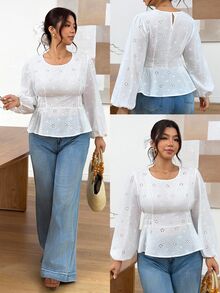 SHEIN Frenchy Plus Size Autumn/Winter White Embroidered Shirt Fall - White - View 1