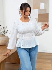 SHEIN Frenchy Plus Size Autumn/Winter White Embroidered Shirt Fall - White - View 9