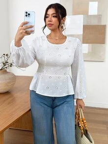 SHEIN Frenchy Plus Size Autumn/Winter White Embroidered Shirt Fall - White - View 2