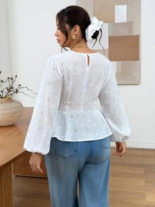 SHEIN Frenchy Plus Size Autumn/Winter White Embroidered Shirt Fall - White - View 4