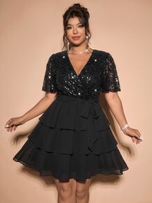Cravure Women's Plus Size Black Sequin Wrap V-Neck Short Sleeve Mini Dress Tie Waist Ruffle Layered Chiffon Cocktail Christmas/Halloween Summer Elegant - Black - View 5