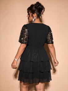 Cravure Women's Plus Size Black Sequin Wrap V-Neck Short Sleeve Mini Dress Tie Waist Ruffle Layered Chiffon Cocktail Christmas/Halloween Summer Elegant - Black - View 4