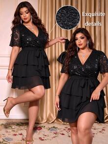 Cravure Women's Plus Size Black Sequin Wrap V-Neck Short Sleeve Mini Dress Tie Waist Ruffle Layered Chiffon Cocktail Christmas/Halloween Summer Elegant - Black - View 1