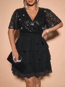 Cravure Women's Plus Size Black Sequin Wrap V-Neck Short Sleeve Mini Dress Tie Waist Ruffle Layered Chiffon Cocktail Christmas/Halloween Summer Elegant - Black - View 6