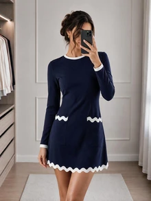 Easowa Contrast Color Waist Cinched A-Line Long Sleeve Mini Dress Casual Relaxed Elegant Commute Old Money Style Autumn Winter Women's Dress - Blue - View 3